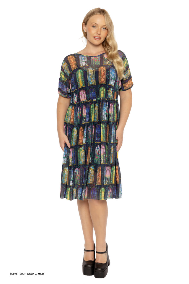 ACOTAR Courts of Prythian sheer smock dress, inspired by A Court of Thorns and Roses series by Sarah J Maas, featuring stained glass window print, sheer mesh fabric, relaxed oversized fit and tiered skirt, fantasy outfit inspired by ACOTAR books