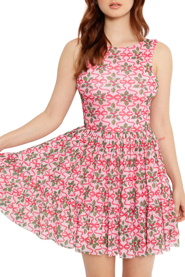 festive pink mini dress women’s christmas outfit idea
