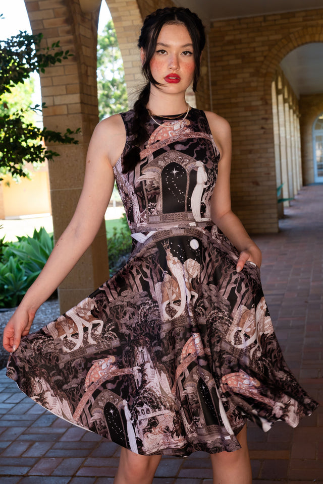 Nielsen Fairy Tales Princess Midi Dress front view showing sleeveless fit and flare midi dress with illustrated fairy tale print, dark romantic artwork and full skirt silhouette