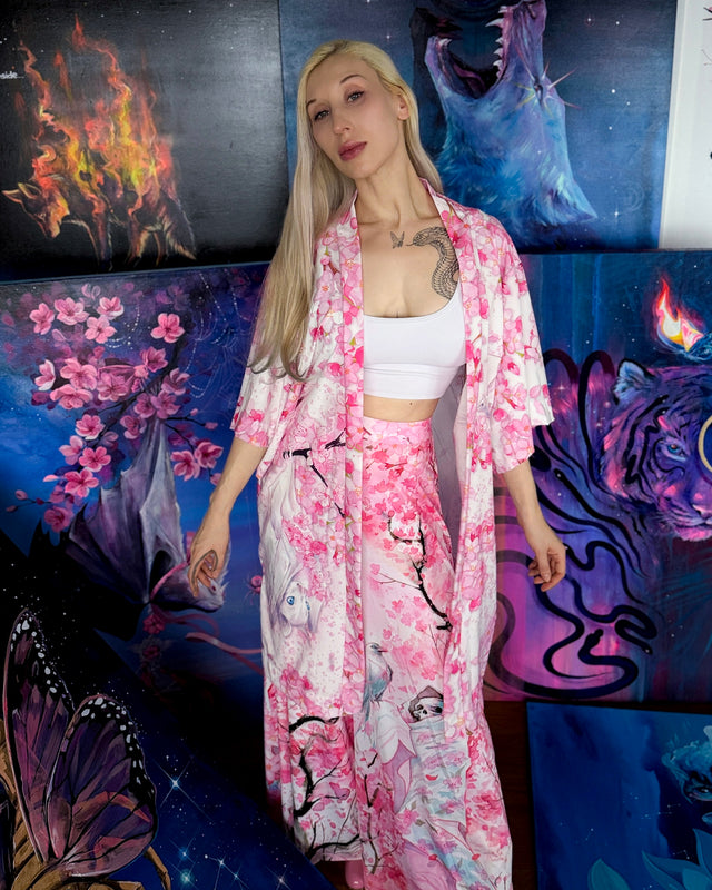 Cherry blossom print robe from the Lora Zombie collection, worn open to show its relaxed fit and flowing movement.