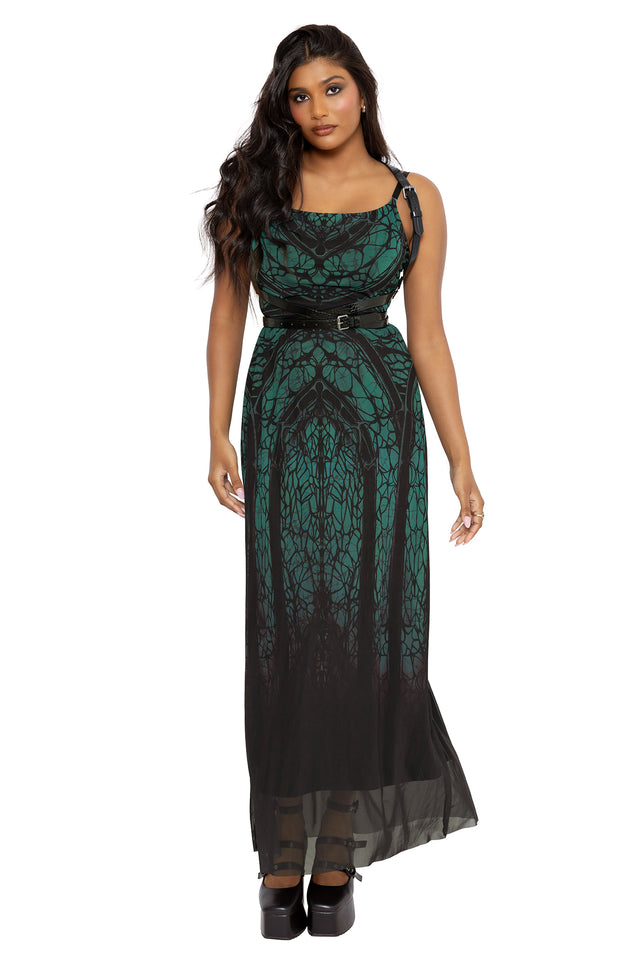 Gothic sheer mesh A-line maxi dress with cathedral inspired spider web artwork in deep emerald green and black tones. This whimsigoth maxi dress blends dark fairycore, fantasy witch and gothic fashion aesthetics with a floaty silhouette and dramatic stained glass inspired detailing.