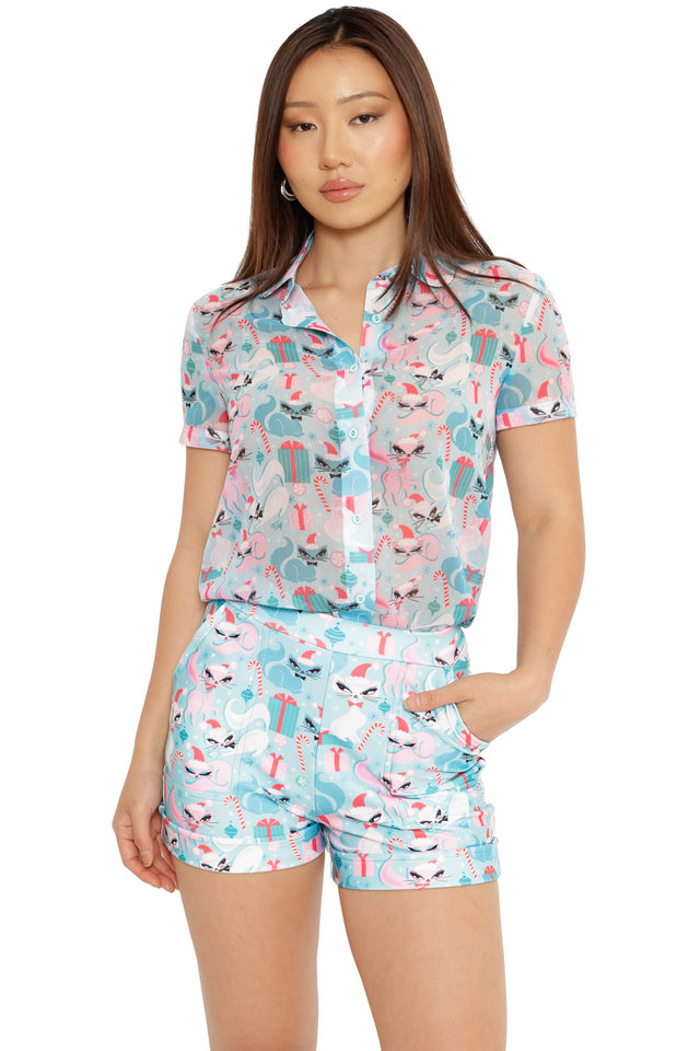 women’s blue cuffed shorts christmas cat print design