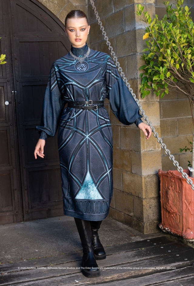 The Elder Scrolls College of Winterhold batwing dress with high neckline, waist tie belt and long batwing sleeves inspired by Skyrim mage robes