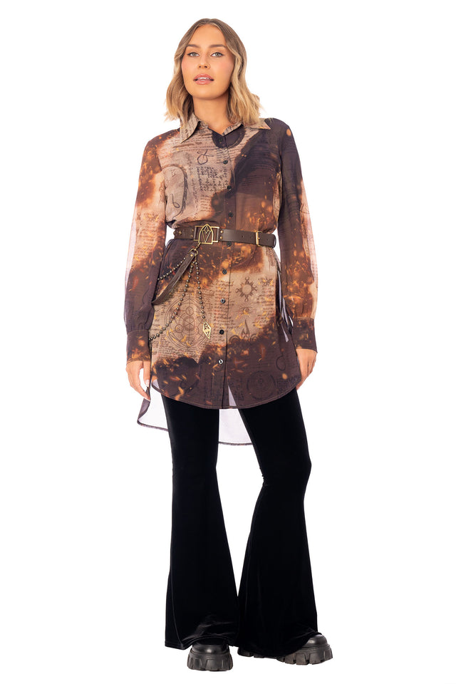 The Elder Scrolls clothing piece with sheer shirt dress silhouette, collared neckline and smouldering arcane print detail