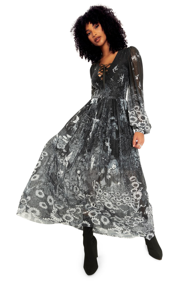 BlackMilk Clothing - William Heath Robinson's Fairytales Sheer Bishop Sleeve Maxi Dress