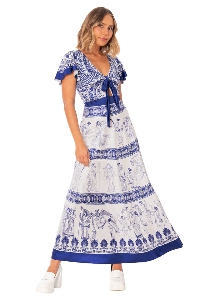 Front full image of Woman of Leisure Rio Maxi Dress with deep v neckline, tie front bodice and classical Grecian print
